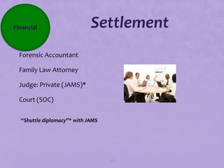 4
Financial                    Settlement
Forensic Accountant

Family Law Attorney

Judge: Private (JAMS)*

Court (SOC)

  “Shuttle diplomacy”* with JAMS




                                   116
 