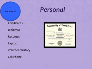 5
Vocational           Personal
Certificates

Diplomas

Resumes

Laptop

Volunteer history

Cell Phone

                      119
 
