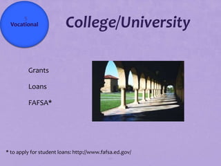 5
 Vocational              College/University

       Grants

       Loans

       FAFSA*




* to apply for student loans: http://www.fafsa.ed.gov/
                                            121
 
