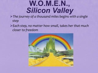 W.O.M.E.N.,
          Silicon Valley
The journey of a thousand miles begins with a single
 step
Each step, no matter how small, takes her that much
 closer to freedom




                         132
 