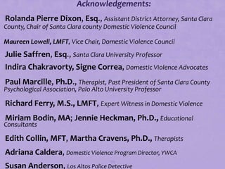 Acknowledgements:
Rolanda Pierre Dixon, Esq., Assistant District Attorney, Santa Clara
 County, Chair of Santa Clara county Domestic Violence Council

Maureen Lowell, LMFT, Vice Chair, Domestic Violence Council
Julie Saffren, Esq., Santa Clara University Professor
Indira Chakravorty, Signe Correa, Domestic Violence Advocates
Paul Marcille, Ph.D., Therapist, Past President of Santa Clara County
 Psychological Association, Palo Alto University Professor

Richard Ferry, M.S., LMFT, Expert Witness in Domestic Violence
Miriam Bodin, MA; Jennie Heckman, Ph.D., Educational
 Consultants

Edith Collin, MFT, Martha Cravens, Ph.D., Therapists
Adriana Caldera, Domestic Violence Program Director, YWCA
                                       134
Susan Anderson, Los Altos Police Detective
 