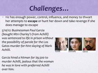 Challenges…
• He has enough power, control, influence, and money to thwart
  her attempts to escape or hunt her down and take revenge if she
  does manage to escape
5/10/12: Businessman Paul Garcia
(bought Mtn Charley’s from Achilli)
was sentenced to life in prison without
the possibility of parole for the Los
Gatos murder-for-hire slaying of Mark
Achiili.

Garcia hired a hitman for $9,500 to
murder Achilli, jealous that the woman
he was in love with preferred Achilli
over him.                           51
 