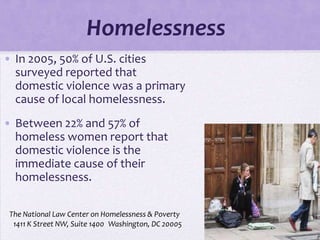 Homelessness
• In 2005, 50% of U.S. cities
  surveyed reported that
  domestic violence was a primary
  cause of local homelessness.
• Between 22% and 57% of
  homeless women report that
  domestic violence is the
  immediate cause of their
  homelessness.

 The National Law Center on Homelessness & Poverty
  1411 K Street NW, Suite 1400 Washington, DC 20005
 