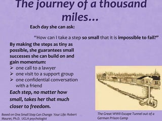 The journey of a thousand
                  miles…
                   Each day she can ask:

               “How can I take a step so small that it is impossible to fail?”
     By making the steps as tiny as
     possible, she guarantees small
     successes she can build on and
     gain momentum:
      one call to a lawyer
      one visit to a support group
      one confidential conversation
        with a friend
     Each step, no matter how
     small, takes her that much
     closer to freedom.
Based on One Small Step Can Change Your Life: Robert 75   The Great WWII Escape Tunnel out of a
Maurer, Ph.D. UCLA psychologist                           German Prison Camp
 