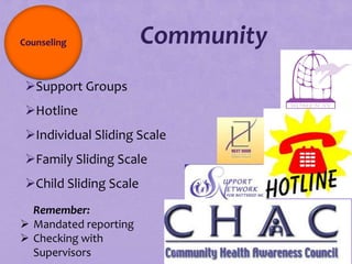Counseling              Community
 Support Groups
 Hotline
 Individual Sliding Scale
 Family Sliding Scale
 Child Sliding Scale
  Remember:
 Mandated reporting
 Checking with
  Supervisors                97
 