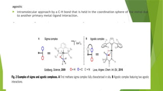 agostic
 intramolecular approach by a C-H bond that is held in the coordination sphere of the metal due
to another primary metal–ligand interaction.
 