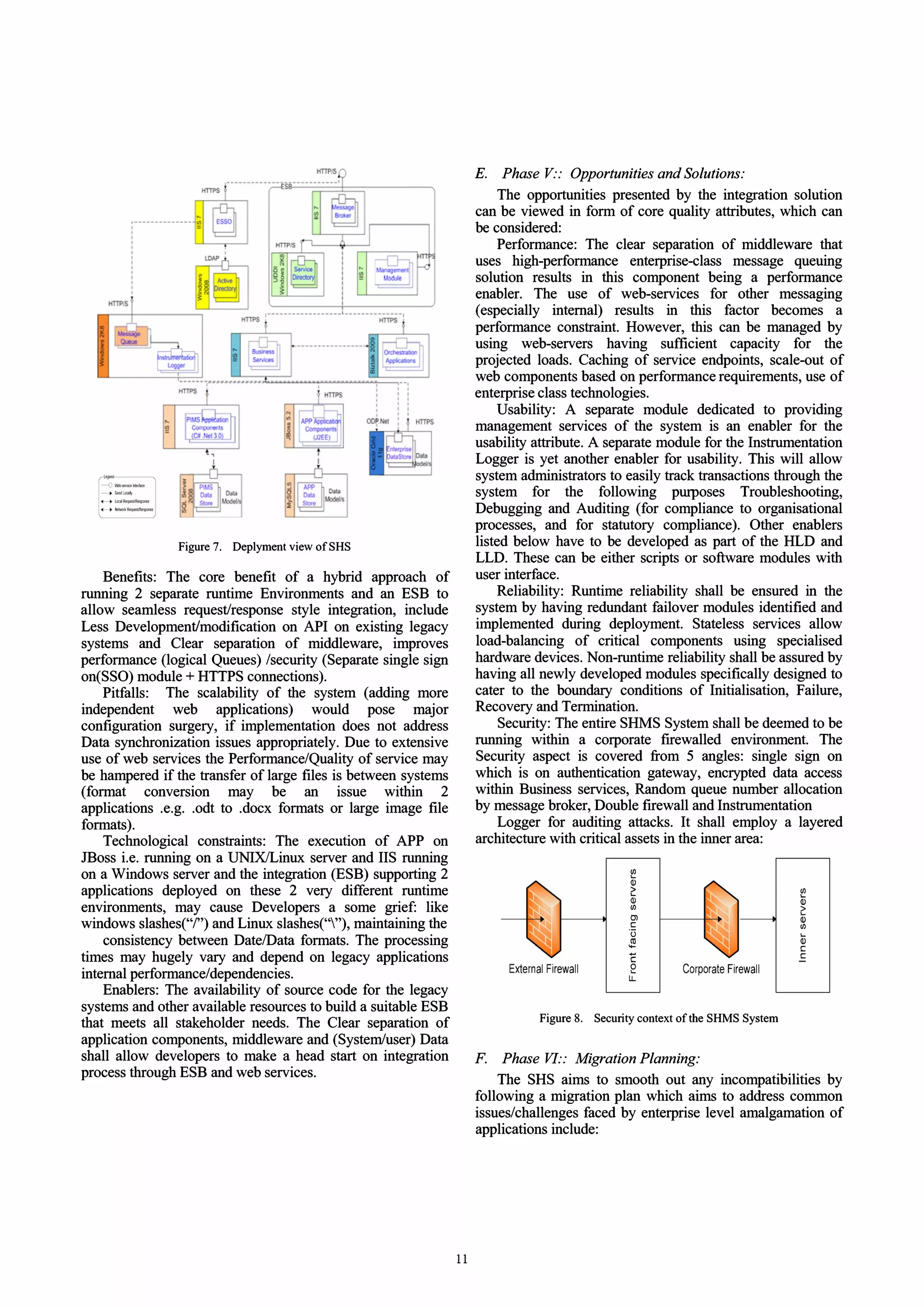 Figure 7. Deplyment view of SHS
Benefits: The core benefit of a hybrid approach of
running 2 separate runtime Environments and an ESB to
allow seamless request/response style integration, include
Less Development/modification on API on existing legacy
systems and Clear separation of middleware, improves
performance (logical Queues) /security (Separate single sign
on(SSO) module + HTTPS connections).
Pitfalls: The scalability of the system (adding more
independent web applications) would pose major
configuration surgery, if implementation does not address
Data synchronization issues appropriately. Due to extensive
use of web services the Performance/Quality of service may
be hampered if the transfer of large files is between systems
(format conversion may be an issue within 2
applications .e.g. .odt to .docx formats or large image file
formats).
Technological constraints: The execution of APP on
JBoss i.e. running on a UNIXILinux server and lIS running
on a Windows server and the integration (ESB) supporting 2
applications deployed on these 2 very different runtime
environments, may cause Developers a some grief: like
windows slashes("/") and Linux slashes(""), maintaining the
consistency between DatelData formats. The processing
times may hugely vary and depend on legacy applications
internal performance/dependencies.
Enablers: The availability of source code for the legacy
systems and other available resources to build a suitable ESB
that meets all stakeholder needs. The Clear separation of
application components, middleware and (System/user) Data
shall allow developers to make a head start on integration
process through ESB and web services.
1 1
E. Phase V:: Opportunities and Solutions:
The opportunities presented by the integration solution
can be viewed in form of core quality attributes, which can
be considered:
Performance: The clear separation of middleware that
uses high-performance enterprise-class message queuing
solution results in this component being a performance
enabler. The use of web-services for other messaging
(especially internal) results in this factor becomes a
performance constraint. However, this can be managed by
using web-servers having sufficient capacity for the
projected loads. Caching of service endpoints, scale-out of
web components based on performance requirements, use of
enterprise class technologies.
Usability: A separate module dedicated to providing
management services of the system is an enabler for the
usability attribute. A separate module for the Instrumentation
Logger is yet another enabler for usability. This will allow
system administrators to easily track transactions through the
system for the following purposes Troubleshooting,
Debugging and Auditing (for compliance to organisational
processes, and for statutory compliance). Other enablers
listed below have to be developed as part of the HLD and
LLD. These can be either scripts or software modules with
user interface.
Reliability: Runtime reliability shall be ensured in the
system by having redundant failover modules identified and
implemented during deployment. Stateless services allow
load-balancing of critical components using specialised
hardware devices. Non-runtime reliability shall be assured by
having all newly developed modules specifically designed to
cater to the boundary conditions of Initialisation, Failure,
Recovery and Termination.
Security: The entire SHMS System shall be deemed to be
running within a corporate firewalled environment. The
Security aspect is covered from 5 angles: single sign on
which is on authentication gateway, encrypted data access
within Business services, Random queue number allocation
by message broker, Double firewall and Instrumentation
Logger for auditing attacks. It shall employ a layered
architecture with critical assets in the inner area:
External Firewall
'"
Qj
1:
Q)
'"
Cl
c:
'0
.l!!
C
e
LL
Corporate Firewall
Figure 8. Security context of the SHMS System
F. Phase VI:: Migration Planning:
'"
Qj
1:
Q)
'"
Qj
c:
c:
The SHS aims to smooth out any incompatibilities by
following a migration plan which aims to address common
issues/challenges faced by enterprise level amalgamation of
applications include:
 