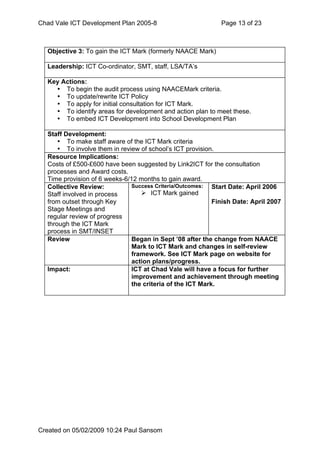 Chad Vale Ict Development Plan 2005 8 Reviewed Feb 09