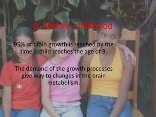 B. Middle childhood
95% of brain growth is reached by the
  time a child reaches the age of 9.

The demand of the growth processes
  give way to changes in the brain
            metabolism.
 