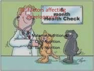 III. Factors affecting
     development:


  1. Maternal Nutrition.
    2. Child Nutrition.
    3. Early Nutrition.
 