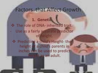 Factors that Affect Growth
            1. Genetic
  The role of DNA- inherited trait.
- Use as a fairly accurate predictor
              of height.
  Predicting a child’s Height- the
     height of a child’s parents in
    inches can be used to predict
         height as an adult.
 