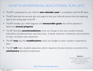 WHAT IS AN INDIVIDUAL EDUCATIONAL PLAN (IEP)?
• The IEP is developed for your child for one calendar year in consultation with the IEP team.
• The IEP describes the services, aids and supports that your child will receive from the beginning
date to the ending date of the IEP.
• The IEP includes your child’s diagnosis and measurable goals that will be assessed to
determine annual progress.
• The IEP describes accommodations, which are changes to the way a student accesses
instructions and demonstrates what they know. A speciﬁc statement is needed for accommodations
on state- and district-wide assessments.
• The IEP may describe modiﬁcations, which are changes to what a student is expected to
learn.
• The IEP will note a student’s placement, which is based on the least restrictive environment for a
satisfactory educational experience.
Source:
Florida Department of Education
A Parent’s Introduction to
Exception Student Education
in Florida, 2012
2013 © My Learning Springboard, Inc.
Thursday, August 29, 13
 