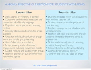 A HIGHLY EFFECTIVE CLASSROOM FOR STUDENTS WITH ADHD...
Looks Like Sounds Like
• Daily agenda or itinerary is posted
• Outcomes and essential questions are
posted in child-friendly language
• Organized work spaces and learning
centers
• Listening stations and computer areas
available
• Areas for individual work, small group
work, and whole group learning
• Use of checklists and rubrics
• Active learning and multisensory
engagement, including movement breaks
• Guided reading and guided math groups
•Teachers prompt or cue children with
non-verbal signals
• Students engaged in on-task discussions
with minimal teacher talk
• Students can express the purpose of
their learning
•Teachers prompt or cue children with
verbal prompts
•Teachers set clear expectations and ask
students to repeat directions aloud as
appropriate
• Noise levels are adjusted to learning
activities throughout the day
• Frequent check-ins for understanding
• Balanced instructional delivery -
“Guide on the Side” vs.“Sage on Stage”
2013 © My Learning Springboard, Inc.
Thursday, August 29, 13
 