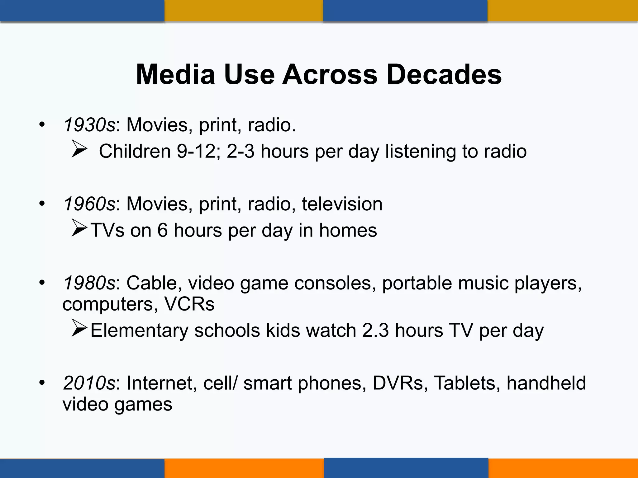 Media Use Across Decades
• 1930s: Movies, print, radio.
 Children 9-12; 2-3 hours per day listening to radio
• 1960s: Movies, print, radio, television
TVs on 6 hours per day in homes
• 1980s: Cable, video game consoles, portable music players,
computers, VCRs
Elementary schools kids watch 2.3 hours TV per day
• 2010s: Internet, cell/ smart phones, DVRs, Tablets, handheld
video games
 