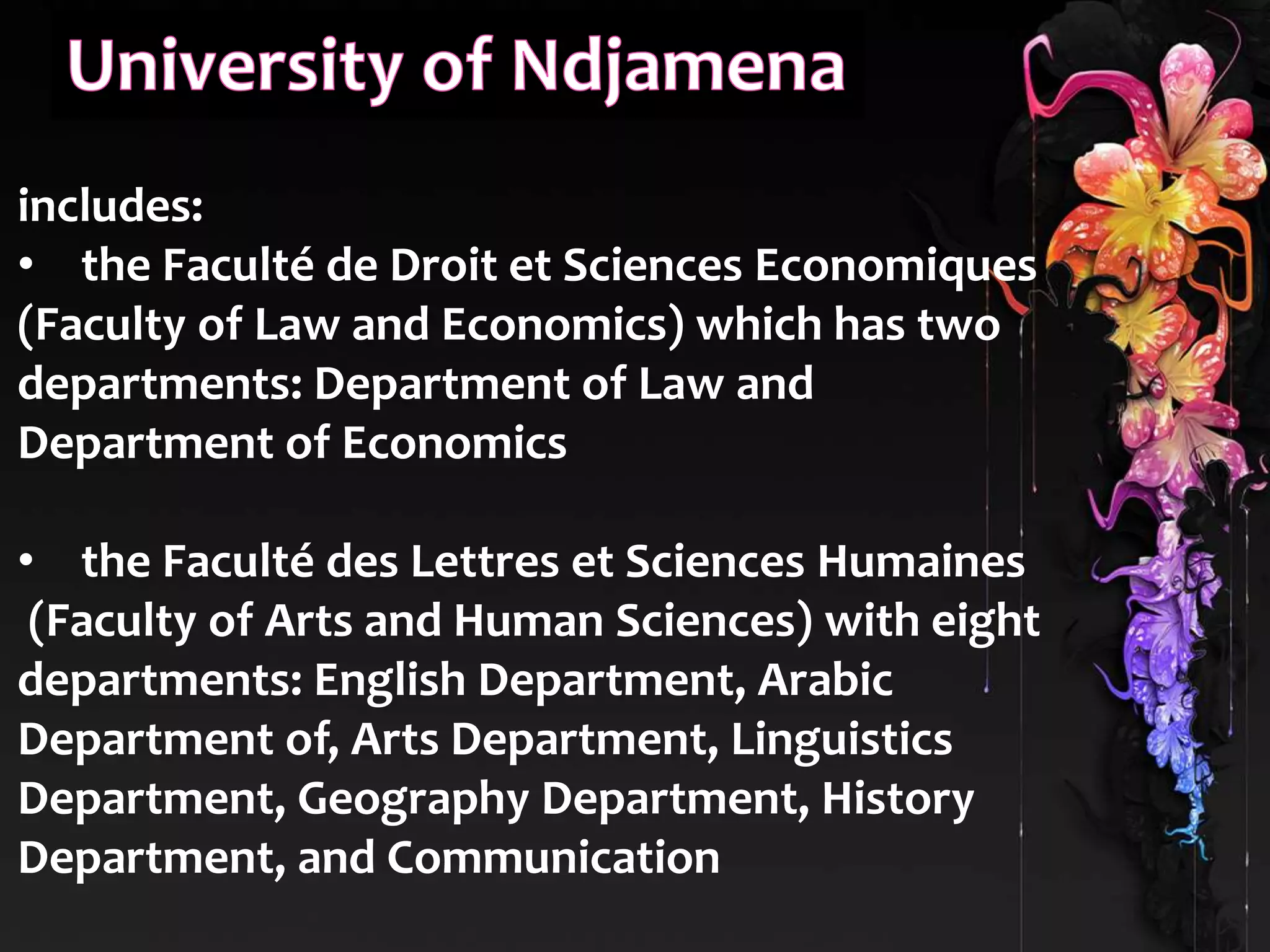 includes: 
• the Faculté de Droit et Sciences Economiques 
(Faculty of Law and Economics) which has two 
departments: Department of Law and 
Department of Economics 
• the Faculté des Lettres et Sciences Humaines 
(Faculty of Arts and Human Sciences) with eight 
departments: English Department, Arabic 
Department of, Arts Department, Linguistics 
Department, Geography Department, History 
Department, and Communication 
 