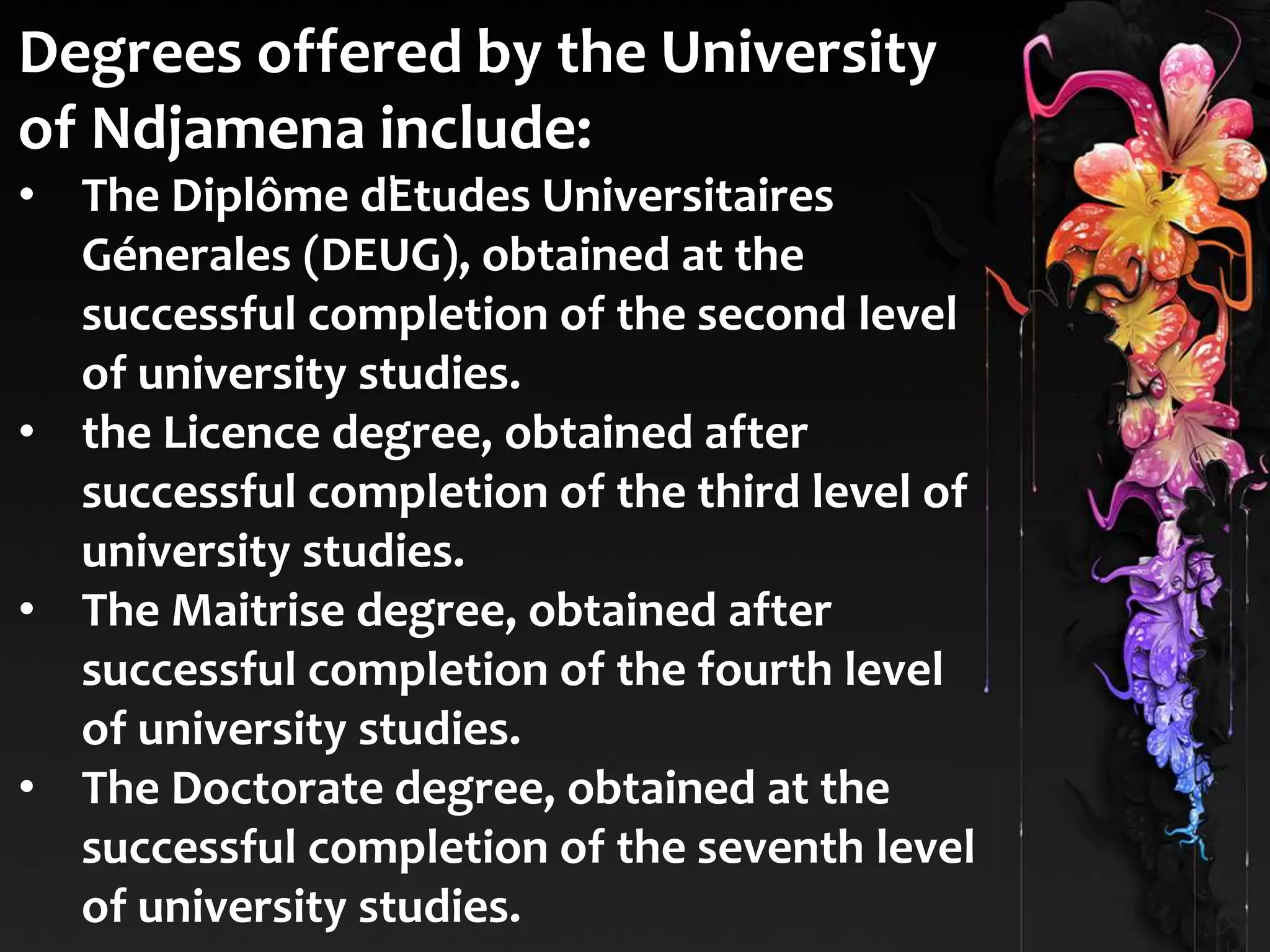 Degrees offered by the University 
of Ndjamena include: 
• The Diplôme d’Etudes Universitaires 
Génerales (DEUG), obtained at the 
successful completion of the second level 
of university studies. 
• the Licence degree, obtained after 
successful completion of the third level of 
university studies. 
• The Maitrise degree, obtained after 
successful completion of the fourth level 
of university studies. 
• The Doctorate degree, obtained at the 
successful completion of the seventh level 
of university studies. 
 