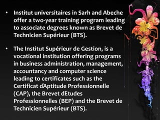 • Institut universitaires in Sarh and Abeche 
offer a two-year training program leading 
to associate degrees known as Brevet de 
Technicien Supérieur (BTS). 
• The Institut Supérieur de Gestion, is a 
vocational institution offering programs 
in business administration, management, 
accountancy and computer science 
leading to certificates such as the 
Certificat d’Aptitude Professionnelle 
(CAP), the Brevet d’Etudes 
Professionnelles (BEP) and the Brevet de 
Technicien Supérieur (BTS). 
 