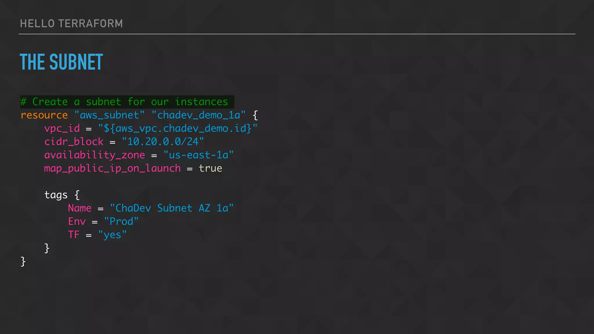 HELLO TERRAFORM
THE SUBNET
# Create a subnet for our instances
resource "aws_subnet" "chadev_demo_1a" {
vpc_id = "${aws_vpc.chadev_demo.id}"
cidr_block = "10.20.0.0/24"
availability_zone = "us-east-1a"
map_public_ip_on_launch = true
tags {
Name = "ChaDev Subnet AZ 1a"
Env = "Prod"
TF = "yes"
}
}
 