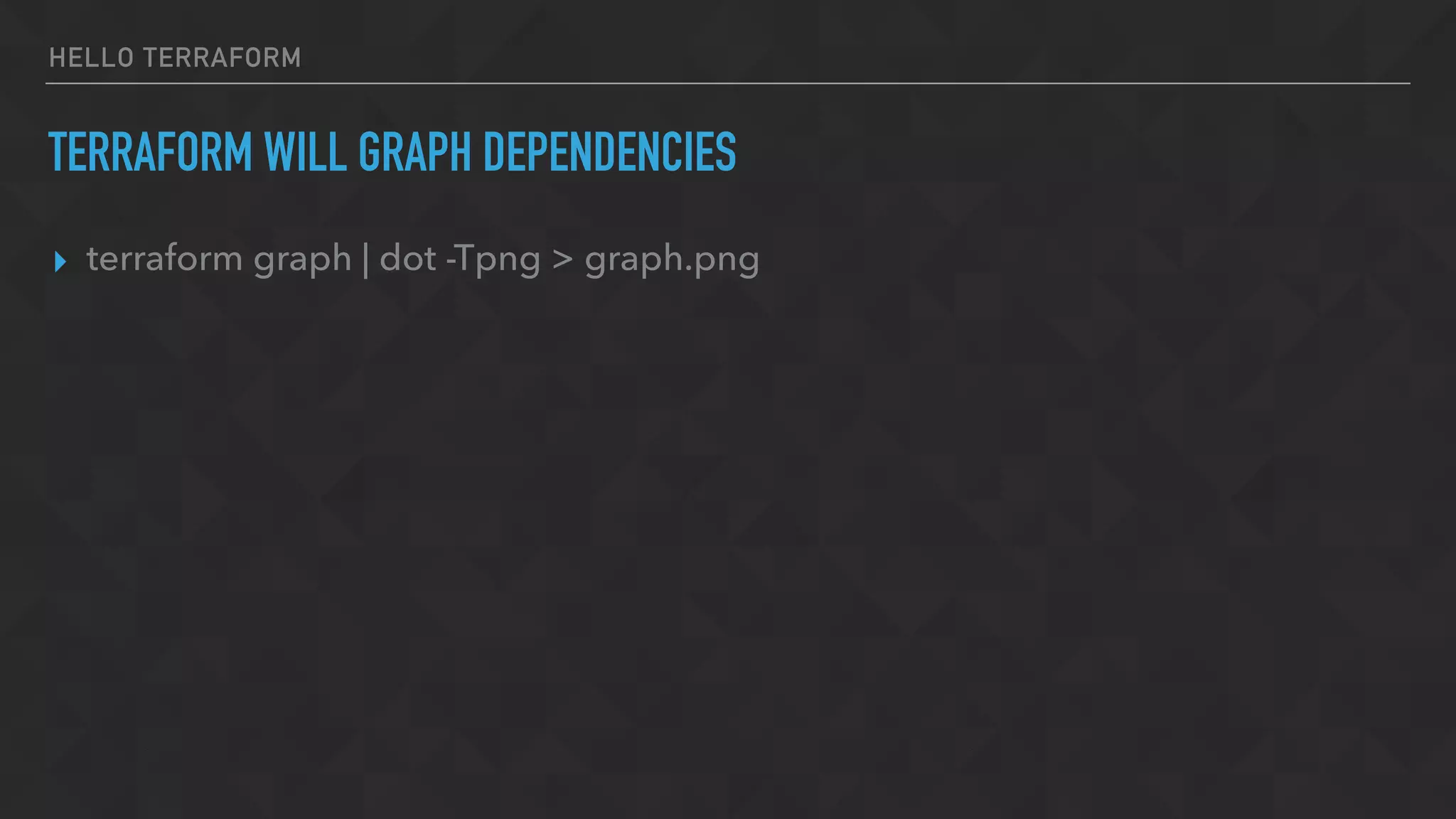 HELLO TERRAFORM
TERRAFORM WILL GRAPH DEPENDENCIES
▸ terraform graph | dot -Tpng > graph.png
 