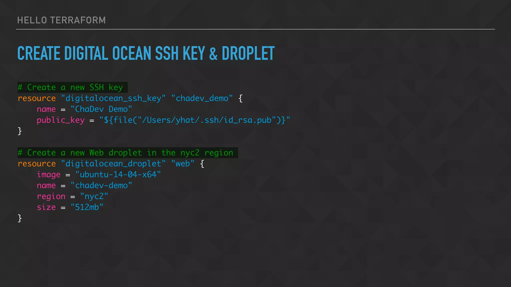 HELLO TERRAFORM
CREATE DIGITAL OCEAN SSH KEY & DROPLET
# Create a new SSH key
resource "digitalocean_ssh_key" "chadev_demo" {
name = "ChaDev Demo"
public_key = "${file("/Users/yhat/.ssh/id_rsa.pub")}"
}
# Create a new Web droplet in the nyc2 region
resource "digitalocean_droplet" "web" {
image = "ubuntu-14-04-x64"
name = "chadev-demo"
region = "nyc2"
size = "512mb"
}
 