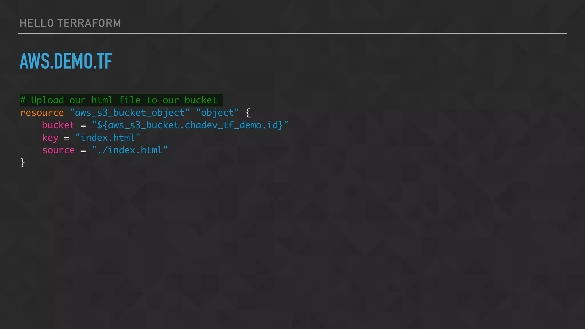 HELLO TERRAFORM
AWS.DEMO.TF
# Upload our html file to our bucket
resource "aws_s3_bucket_object" "object" {
bucket = "${aws_s3_bucket.chadev_tf_demo.id}"
key = "index.html"
source = "./index.html"
}
 