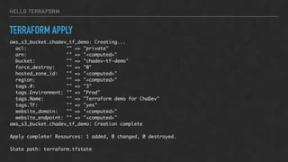 HELLO TERRAFORM
TERRAFORM APPLY
aws_s3_bucket.chadev_tf_demo: Creating...
acl: "" => "private"
arn: "" => "<computed>"
bucket: "" => "chadev-tf-demo"
force_destroy: "" => "0"
hosted_zone_id: "" => "<computed>"
region: "" => "<computed>"
tags.#: "" => "3"
tags.Environment: "" => "Prod"
tags.Name: "" => "Terraform demo for ChaDev"
tags.TF: "" => "yes"
website_domain: "" => "<computed>"
website_endpoint: "" => "<computed>"
aws_s3_bucket.chadev_tf_demo: Creation complete
Apply complete! Resources: 1 added, 0 changed, 0 destroyed.
State path: terraform.tfstate
 