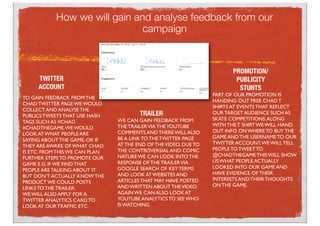 How we will gain and analyse feedback from our
campaign
TWITTER
ACCOUNT
PROMOTION/
PUBLICITY
STUNTS
TRAILER
TO GAIN FEEDBACK FROM THE
CHAD TWITTER PAGE WE WOULD
COLLECT AND ANALYSE THE
PUBLICS TWEETS THAT USE HASH
TAGS SUCH AS #CHAD
#CHADTHEGAME.WE WOULD
LOOK AT WHAT PEOPLE ARE
SAYING ABOUT THE GAME, OR IF
THEY ARE AWARE OF WHAT CHAD
IS ETC. FROM THIS WE CAN PLAN
FURTHER STEPS TO PROMOTE OUR
GAME E.G. IF WE FIND THAT
PEOPLE ARE TALKING ABOUT IT
BUT DON’T ACTUALLY KNOW THE
PRODUCT WE COULD POSTS
LINKS TO THE TRAILER.
WE WILL ALSO APPLY FOR A
TWITTER ANALYTICS CARD TO
LOOK AT OUR TRAFFIC ETC.
PART OF OUR PROMOTION IS
HANDING OUT FREE CHAD T
SHIRTS AT EVENTS THAT REFLECT
OUR TARGET AUDIENCE SUCH AS
SKATE COMPETITIONS.ALONG
WITH THE T SHIRT WE WILL HAND
OUT INFO ON WHERE TO BUY THE
GAME AND THE USERNAME TO OUR
TWITTER ACCOUNT.WE WILL TELL
PEOPLE TO TWEET TO
@CHADTHEGAME THIS WILL SHOW
US WHAT PEOPLE ACTUALLY
LOOKED INTO OUR GAME AND
HAVE EVIDENCE OF THEIR
INTERESTS AND THEIR THOUGHTS
ON THE GAME.
WE CAN GAIN FEEDBACK FROM
THE TRAILERVIA THEYOUTUBE
COMMENTS AND THERE WILL ALSO
BE A LINK TO THE TWITTER PAGE
AT THE END OF THEVIDEO. DUE TO
THE CONTROVERSIAL AND COMIC
NATURE WE CAN LOOK INTO THE
RESPONSE OF THE TRAILERVIA
GOOGLE SEARCH OF KEY TERMS
AND LOOK AT WEBSITES AND
ARTICLES THAT MAY HAVE POSTED
AND WRITTEN ABOUT THEVIDEO.
AGAIN WE CAN ALSO LOOK AT
YOUTUBE ANALYTICS TO SEE WHO
IS WATCHING.
 