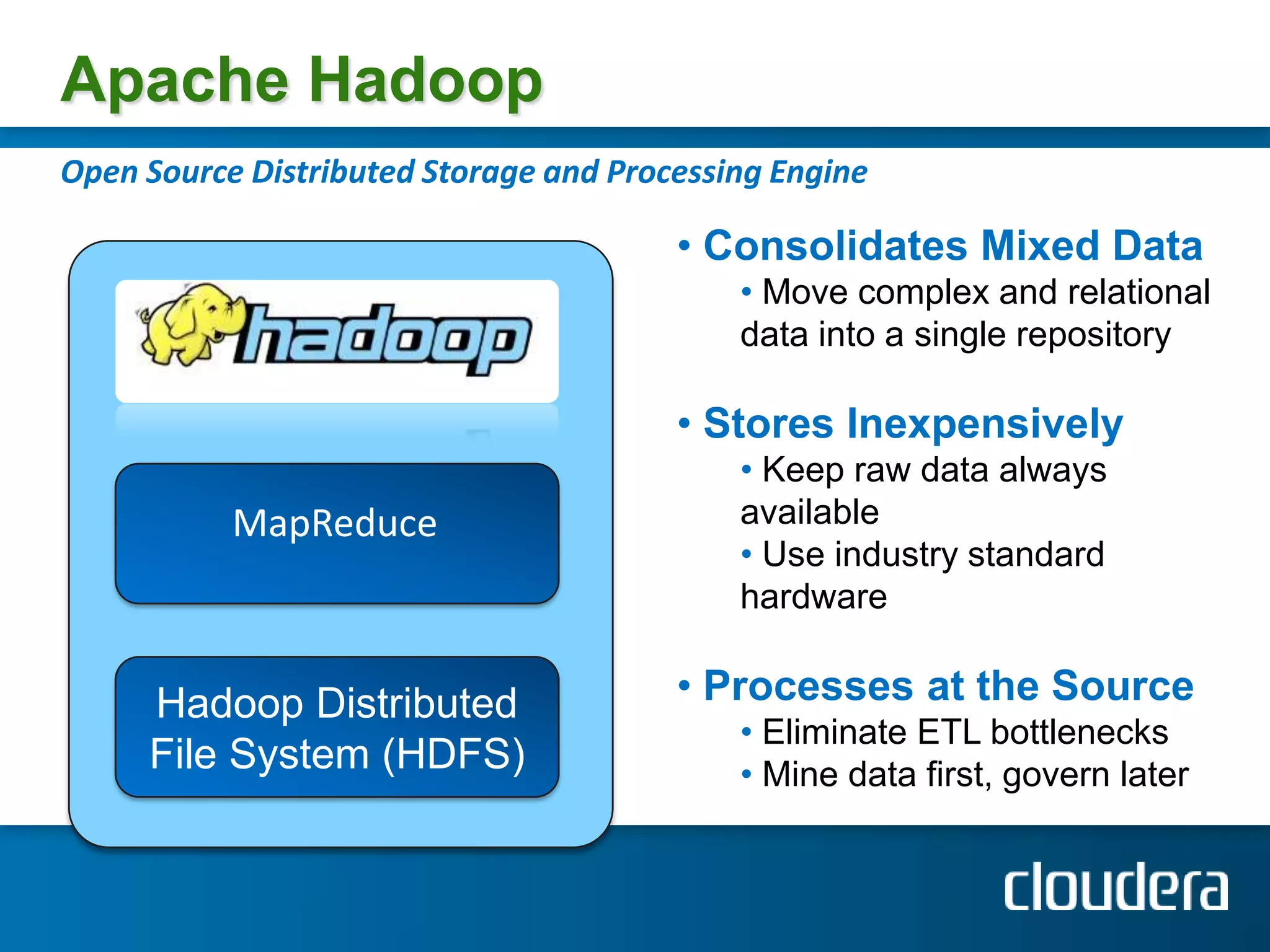 Similar to the oil industry in 1900A Need for a Platform in an Evolving LandscapeNeed ability to look at true distribution of dataPreviously impossible due to scaleNeed lower cost of analysisAd Hoc analysis now more open and flexibleNeed Greater Flexibility, “BI Agility”Less restrictive than SQL-only systemsSpeed @ Scale is the new Killer AppResults in that previously took 1 day to process can gain new value when created in 10 minutes.Copyright 2010 Cloudera Inc. All rights reserved8