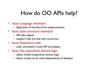 How do OO APIs help? Issue: Language mismatch Seperation of interface from implementation Issue: Data structure mismatch API talks objects adapters hide and deal with conversion Issue: Repetitive code code centralized in both API and adapter Issue: No centralized domain logic object model encapsulates domain logic object model can be used independently of database 