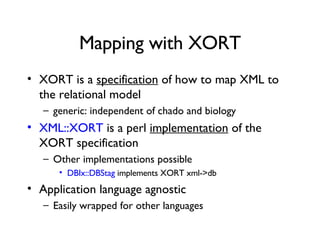 Mapping with XORT XORT is a  specification  of how to map XML to the relational model generic: independent of chado and biology XML::XORT  is a perl  implementation  of the XORT specification Other implementations possible DBIx::DBStag  implements XORT xml->db Application language agnostic Easily wrapped for other languages 