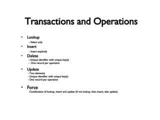 Transactions and Operations Lookup - Select only Insert - Insert explicitly Delete - Unique identifier with unique key(s) -  One record per operation  Update - Two elements - Unique identifier with unique key(s) - One record per operation Force Combination of lookup, insert and update (if not lookup, then insert, else update)  