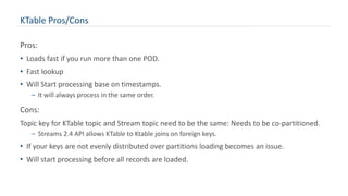 KTable Pros/Cons
Pros:
• Loads fast if you run more than one POD.
• Fast lookup
• Will Start processing base on timestamps.
– It will always process in the same order.
Cons:
Topic key for KTable topic and Stream topic need to be the same: Needs to be co-partitioned.
– Streams 2.4 API allows KTable to Ktable joins on foreign keys.
• If your keys are not evenly distributed over partitions loading becomes an issue.
• Will start processing before all records are loaded.
 