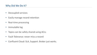 Why Did We Do It?
• Decoupled services
• Easily manage record retention
• Real-time processing
• Immutable log
• Topics can be safely shared using ACLs
• Fault Tolerance: never miss a record
• Confluent Cloud: SLA, Support. Broker just works.
 