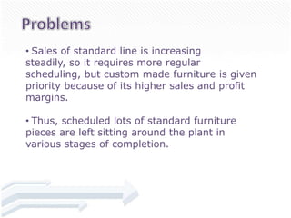 • Sales of standard line is increasing
steadily, so it requires more regular
scheduling, but custom made furniture is given
priority because of its higher sales and profit
margins.

• Thus, scheduled lots of standard furniture
pieces are left sitting around the plant in
various stages of completion.
 
