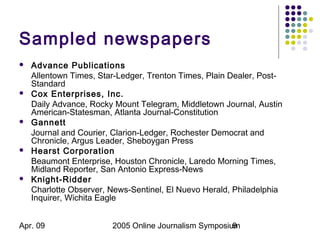 Apr. 09 2005 Online Journalism Symposium9
Sampled newspapers
 Advance Publications
Allentown Times, Star-Ledger, Trenton ...