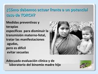 ¿Cómo debemos actuar frente a un potencial caso de TORCH? Medidas preventivas y  terapias  específicas  para disminuir la  transmisión materno-fetal,  tratar las manifestaciones agudas,  pero es difícil evitar secuelas Adecuada evaluación clínica y de laboratorio del binomio madre hijo 