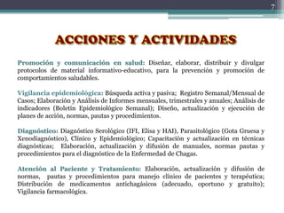 7
Promoción y comunicación en salud: Diseñar, elaborar, distribuir y divulgar
protocolos de material informativo-educativo, para la prevención y promoción de
comportamientos saludables.
Vigilancia epidemiológica: Búsqueda activa y pasiva; Registro Semanal/Mensual de
Casos; Elaboración y Análisis de Informes mensuales, trimestrales y anuales; Análisis de
indicadores (Boletín Epidemiológico Semanal); Diseño, actualización y ejecución de
planes de acción, normas, pautas y procedimientos.
Diagnóstico: Diagnóstico Serológico (IFI, Elisa y HAI), Parasitológico (Gota Gruesa y
Xenodiagnóstico), Clínico y Epidemiológico; Capacitación y actualización en técnicas
diagnósticas; Elaboración, actualización y difusión de manuales, normas pautas y
procedimientos para el diagnóstico de la Enfermedad de Chagas.
Atención al Paciente y Tratamiento: Elaboración, actualización y difusión de
normas, pautas y procedimientos para manejo clínico de pacientes y terapéutica;
Distribución de medicamentos antichagásicos (adecuado, oportuno y gratuito);
Vigilancia farmacológica.
 