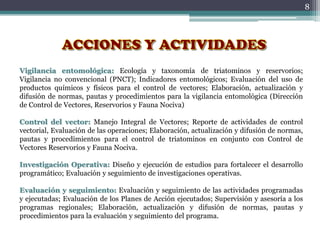 8
Vigilancia entomológica: Ecología y taxonomía de triatominos y reservorios;
Vigilancia no convencional (PNCT); Indicadores entomológicos; Evaluación del uso de
productos químicos y físicos para el control de vectores; Elaboración, actualización y
difusión de normas, pautas y procedimientos para la vigilancia entomológica (Dirección
de Control de Vectores, Reservorios y Fauna Nociva)
Control del vector: Manejo Integral de Vectores; Reporte de actividades de control
vectorial, Evaluación de las operaciones; Elaboración, actualización y difusión de normas,
pautas y procedimientos para el control de triatominos en conjunto con Control de
Vectores Reservorios y Fauna Nociva.
Investigación Operativa: Diseño y ejecución de estudios para fortalecer el desarrollo
programático; Evaluación y seguimiento de investigaciones operativas.
Evaluación y seguimiento: Evaluación y seguimiento de las actividades programadas
y ejecutadas; Evaluación de los Planes de Acción ejecutados; Supervisión y asesoría a los
programas regionales; Elaboración, actualización y difusión de normas, pautas y
procedimientos para la evaluación y seguimiento del programa.
 