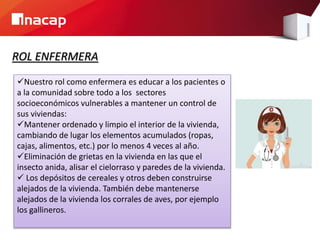 ROL ENFERMERA 
Nuestro rol como enfermera es educar a los pacientes o 
a la comunidad sobre todo a los sectores 
socioeconómicos vulnerables a mantener un control de 
sus viviendas: 
Mantener ordenado y limpio el interior de la vivienda, 
cambiando de lugar los elementos acumulados (ropas, 
cajas, alimentos, etc.) por lo menos 4 veces al año. 
Eliminación de grietas en la vivienda en las que el 
insecto anida, alisar el cielorraso y paredes de la vivienda. 
 Los depósitos de cereales y otros deben construirse 
alejados de la vivienda. También debe mantenerse 
alejados de la vivienda los corrales de aves, por ejemplo 
los gallineros. 
 