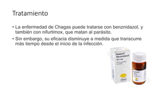 Tratamiento
• La enfermedad de Chagas puede tratarse con benznidazol, y
también con nifurtimox, que matan al parásito.
• Sin embargo, su eficacia disminuye a medida que transcurre
más tiempo desde el inicio de la infección.
 