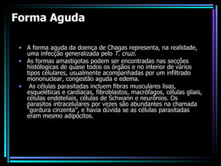 Forma Aguda A forma aguda da doença de Chagas representa, na realidade, uma infecção generalizada pelo  T. cruzi.  As formas amastigotas podem ser encontradas nas secções histólogicas de quase todos os órgãos e no interior de vários tipos celulares, usualmente acompanhadas por um infiltrado mononuclear, congestão aguda e edema. As células parasitadas incluem fibras musculares lisas, esqueléticas e cardíacas, fibroblastos, macrófagos, células gliais, células endoteliais, células de Schwann e neurônios. Os parasitos intracelulares por vezes são abundantes na chamada “gordura cinzenta”, e havia dúvida se as células parasitadas eram mesmo adipócitos. 