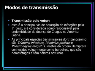 Modos de transmissão Transmissão pelo vetor:  esta é a principal via de aquisição de infecções pelo  T. cruzi , e é considerada como responsável pela endemicidade da doença de Chagas na América Latina. As principais espécies transmissoras do tripanossomo são  Triatoma infestans, Rhodnius prolixus  e  Panstrongylus megistus , insetos da ordem Hemíptera conhecidos vulgarmente como barbeiros, que são hematófagos e têm hábitos noturnos 