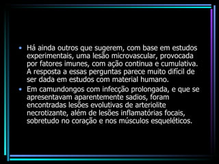 Há ainda outros que sugerem, com base em estudos experimentais, uma lesão microvascular, provocada por fatores imunes, com ação continua e cumulativa. A resposta a essas perguntas parece muito difícil de ser dada em estudos com material humano.  Em camundongos com infecção prolongada, e que se apresentavam aparentemente sadios, foram encontradas lesões evolutivas de arteriolite necrotizante, além de lesões inflamatórias focais, sobretudo no coração e nos músculos esqueléticos.  