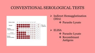 CONVENTIONAL SEROLOGICAL TESTS
 Indirect Hemagglutination
(IHA)
 Parasite Lysate
 ELISA
 Parasite Lysate
 Recombinant
Antigens
 
