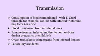 Transmission
 Consumption of food contaminated with T. Cruzi
through, for example, contact with infected triatomine
bug faeces or urine
 Blood transfusion from infected donors
 Passage from an infected mother to her newborn
during pregnancy or childbirth
 Organ transplants using organs from infected donors
 Laboratory accidents.
 