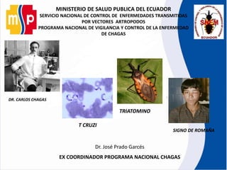 MINISTERIO DE SALUD PUBLICA DEL ECUADOR
SERVICIO NACIONAL DE CONTROL DE ENFERMEDADES TRANSMITIDAS
POR VECTORES ARTROPODOS
PROGRAMA NACIONAL DE VIGILANCIA Y CONTROL DE LA ENFERMEDAD
DE CHAGAS
DR. CARLOS CHAGAS
T CRUZI
TRIATOMINO
SIGNO DE ROMAÑA
Dr. José Prado Garcés
EX COORDINADOR PROGRAMA NACIONAL CHAGAS
 