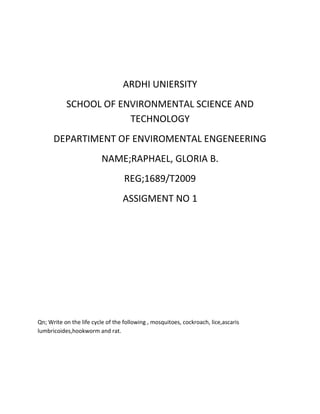 ARDHI UNIERSITY
           SCHOOL OF ENVIRONMENTAL SCIENCE AND
                       TECHNOLOGY
      DEPARTIMENT OF ENVIROMENTAL ENGENEERING
                          NAME;RAPHAEL, GLORIA B.
                                   REG;1689/T2009
                                  ASSIGMENT NO 1




Qn; Write on the life cycle of the following , mosquitoes, cockroach, lice,ascaris
lumbricoides,hookworm and rat.
 