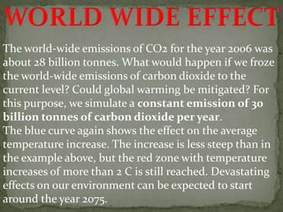 The world-wide emissions of CO2 for the year 2006 was
about 28 billion tonnes. What would happen if we froze
the world-wide emissions of carbon dioxide to the
current level? Could global warming be mitigated? For
this purpose, we simulate a constant emission of 30
billion tonnes of carbon dioxide per year.
The blue curve again shows the effect on the average
temperature increase. The increase is less steep than in
the example above, but the red zone with temperature
increases of more than 2 C is still reached. Devastating
effects on our environment can be expected to start
around the year 2075.
 