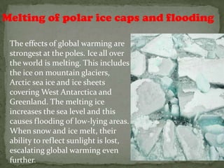 Melting of polar ice caps and flooding

 The effects of global warming are
 strongest at the poles. Ice all over
 the world is melting. This includes
 the ice on mountain glaciers,
 Arctic sea ice and ice sheets
 covering West Antarctica and
 Greenland. The melting ice
 increases the sea level and this
 causes flooding of low-lying areas.
 When snow and ice melt, their
 ability to reflect sunlight is lost,
 escalating global warming even
 further.
 