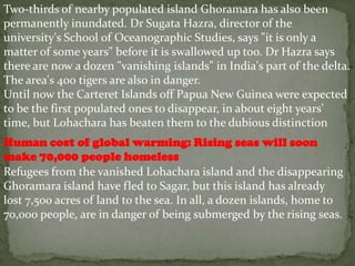 Two-thirds of nearby populated island Ghoramara has also been
permanently inundated. Dr Sugata Hazra, director of the
university's School of Oceanographic Studies, says "it is only a
matter of some years" before it is swallowed up too. Dr Hazra says
there are now a dozen "vanishing islands" in India's part of the delta.
The area's 400 tigers are also in danger.
Until now the Carteret Islands off Papua New Guinea were expected
to be the first populated ones to disappear, in about eight years'
time, but Lohachara has beaten them to the dubious distinction
Human cost of global warming: Rising seas will soon
make 70,000 people homeless
Refugees from the vanished Lohachara island and the disappearing
Ghoramara island have fled to Sagar, but this island has already
lost 7,500 acres of land to the sea. In all, a dozen islands, home to
70,000 people, are in danger of being submerged by the rising seas.
 